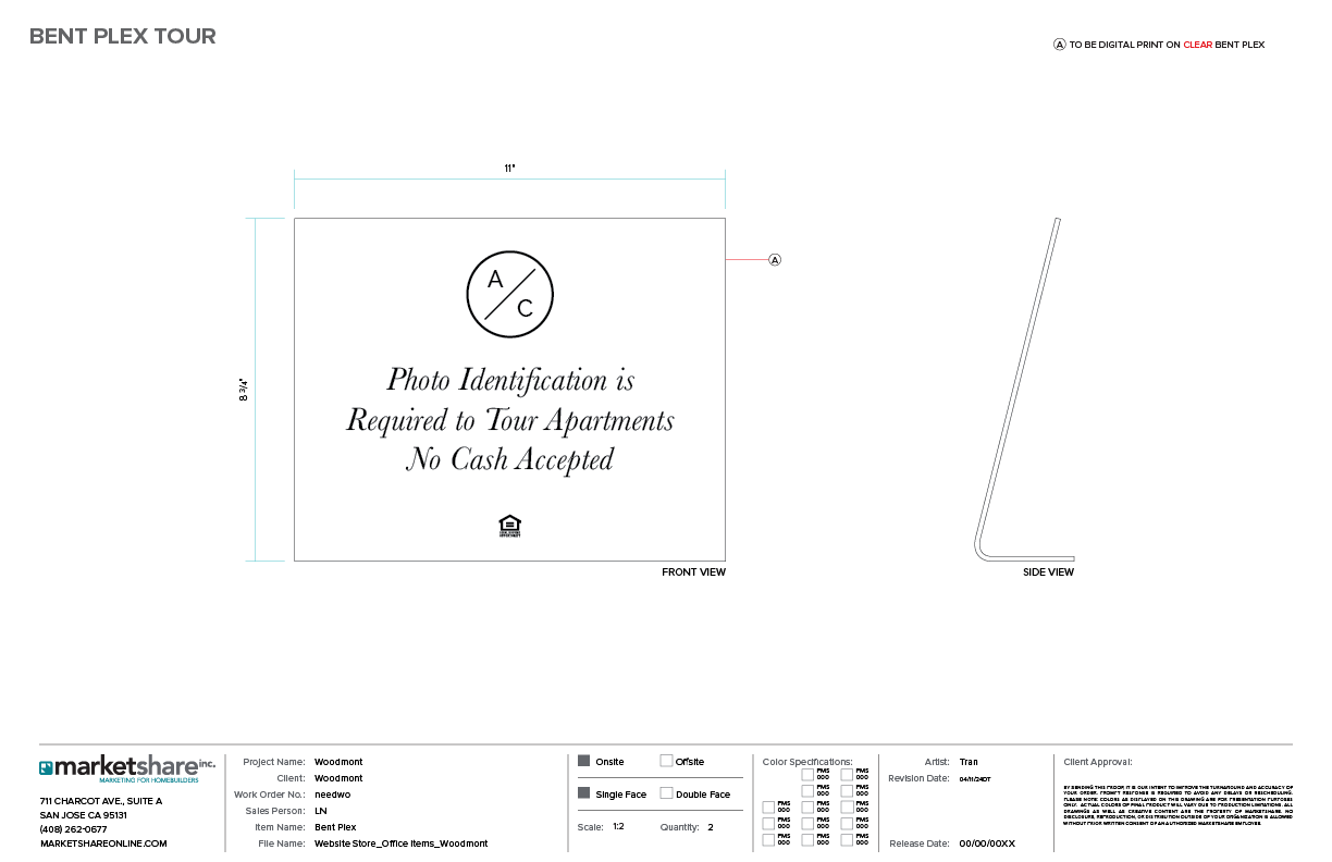 Bent Plex Tour Sign specifications
