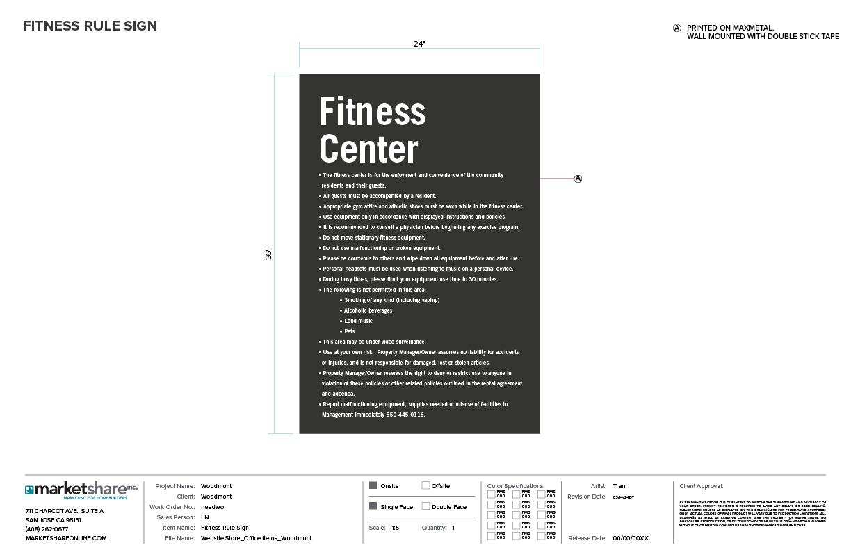 Fitness Center Rule Sign Specifications